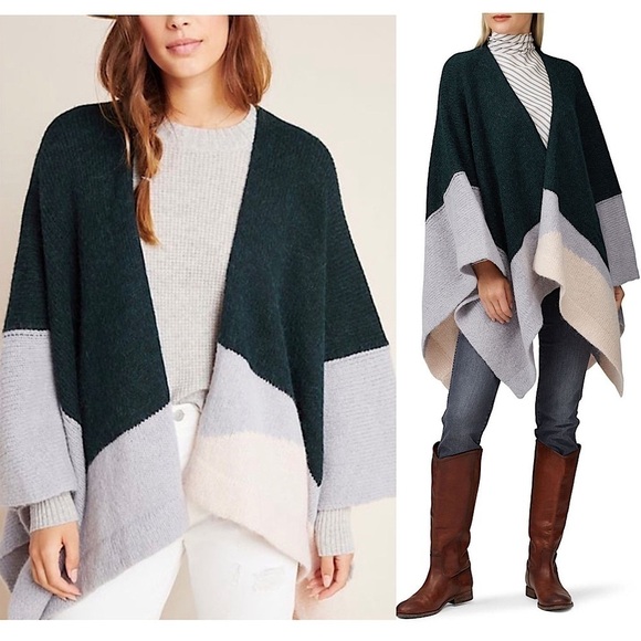 ELK Poncho Sweater Wool Alpaca Blend Colorblock Stripes Boho Fuzzy Knit One Size - Picture 1 of 9
